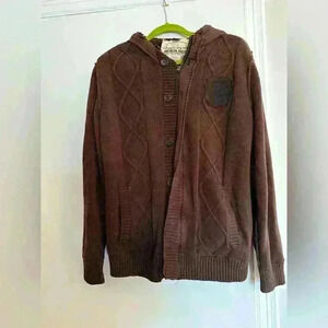 American Rag CEI Fleece Lined Cable Knit Brown Hooded Cardigan Zip Button close